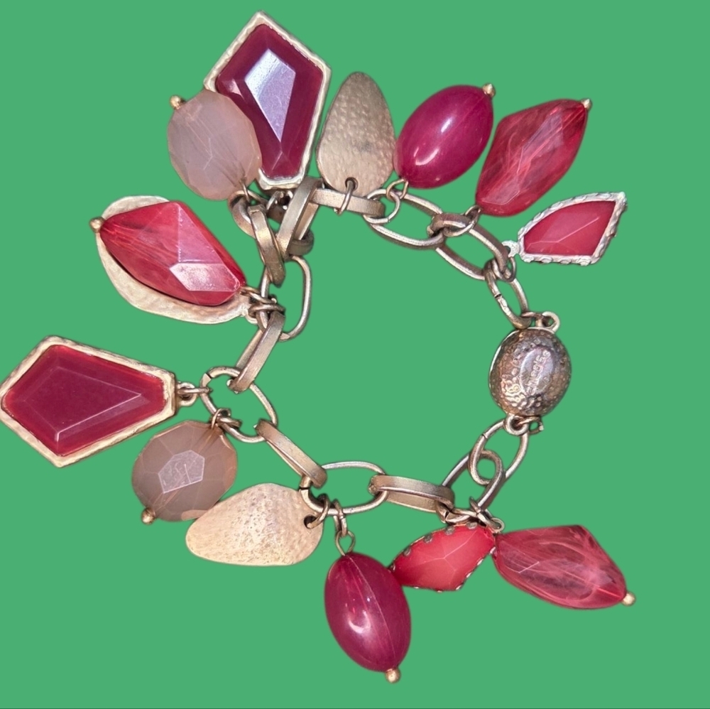 Chico's Gold Red and Pink Gemstone Bracelet with a magnetic clasp.